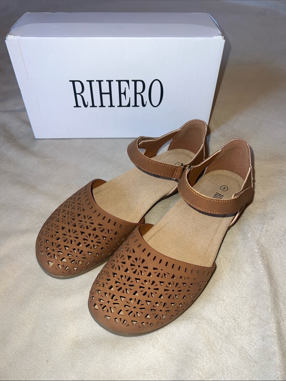 Rihero Women's Brown Laser-Cut Ankle Strap Flats
